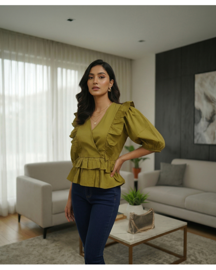 Olive Green Ruffle Wrap Peplum Top for Women | V-Neck Puff Sleeve Stylish Casual Blouse