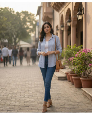 Women?s Blue & White Vertical Striped Cotton Shirt | Classic Collared Full Sleeve Button-Down Top