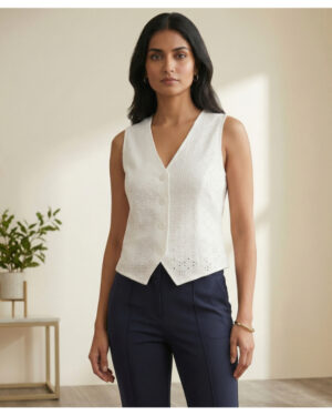 Elegant White Eyelet Sleeveless V-Neck Button-Down Top for Women