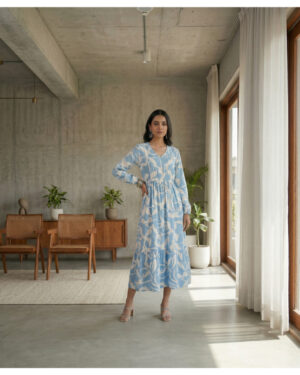 Azure Breeze Abstract Tiered Midi Dress