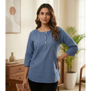 Elegant Solid Blue Cotton Top for Women | 3/4 Sleeve Round Neck Casual Tunic