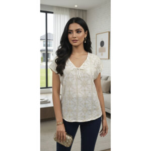 Womens Cream & Gold Printed V-Neck Top with Tie Detail