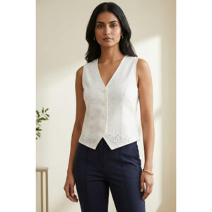 Elegant White Eyelet Sleeveless V-Neck Button-Down Top for Women