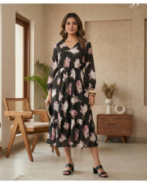 Midnight Rose Garden Tiered Midi Dress