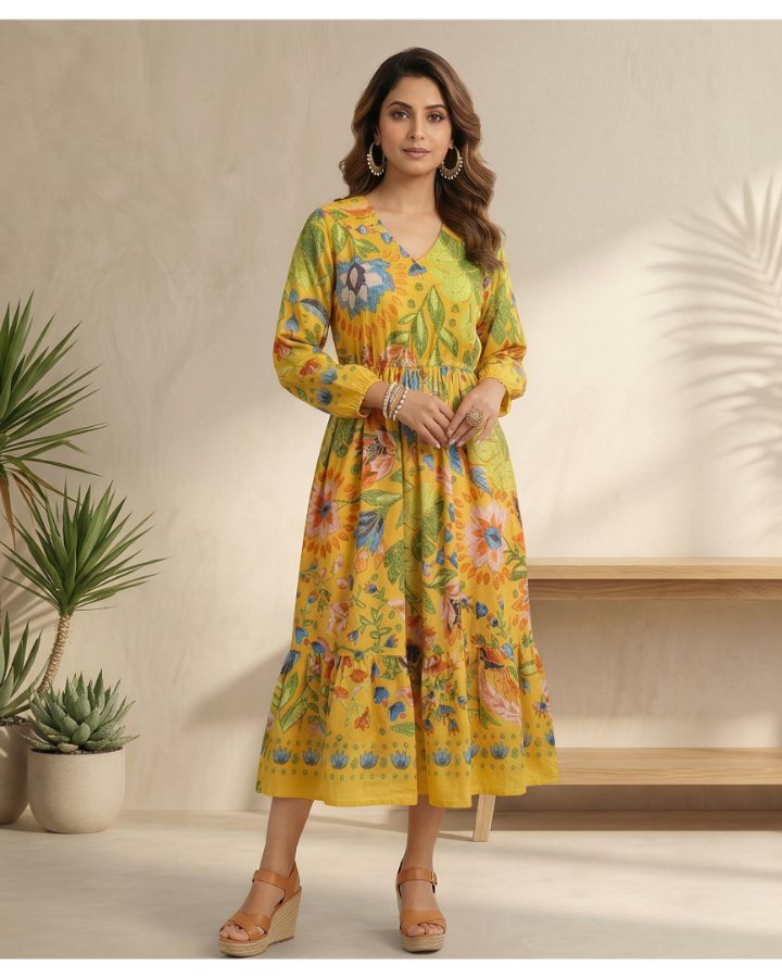 Saffron Bloom Tiered Midi Dress