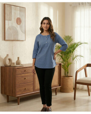 Elegant Blue Printed Cotton Top for Women | 3/4 Sleeve Casual & Office Wear Kurti Top