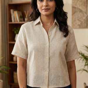 Elegant Beige Striped Cotton Short Sleeve Shirt for Women | Casual Button-Down Top