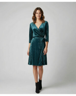 Elegant Teal Velvet Wrap Dress for Women | V-Neck 3/4 Sleeve Belted Knee-Length Dress