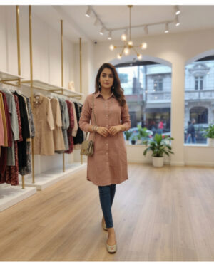 Elegant Dusty Rose Cotton Shirt Dress for Women | Long Sleeve Button-Down Knee-Length Dress