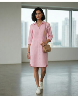Elegant Pink Button-Down Shirt Dress for Women | Collared Long Sleeve Casual Tunic Dress