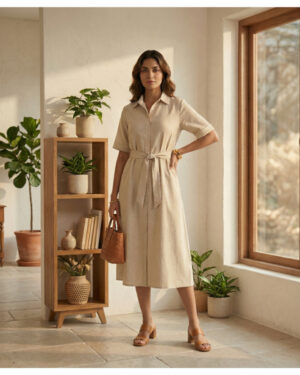 Tuscan Sand Belted Linen-Blend Shirt Dress