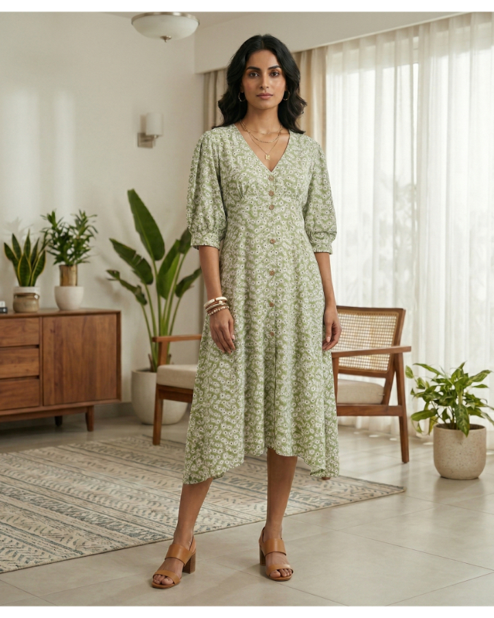 Women's Sage Green Floral V-Neck Midi Dress | Puff Sleeve Button-Down A-Line Summer Dress