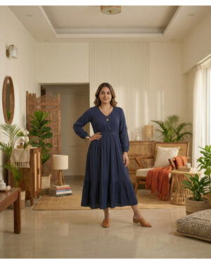 Midnight Indigo Smocked Tiered Midi Dress