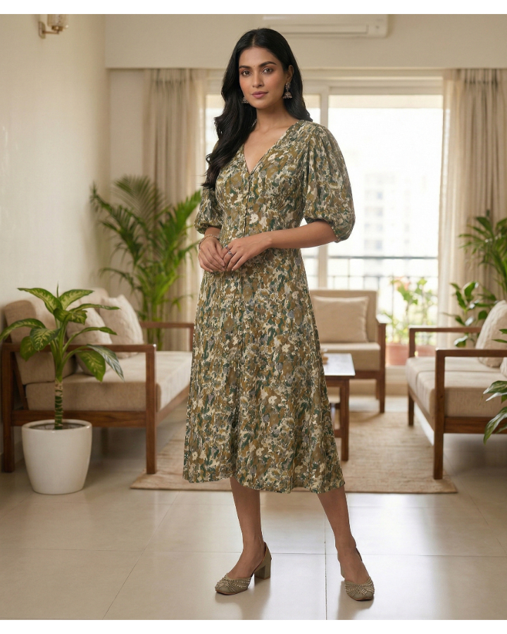 Olive Green Abstract Floral Puff Sleeve Button-Up Midi Dress