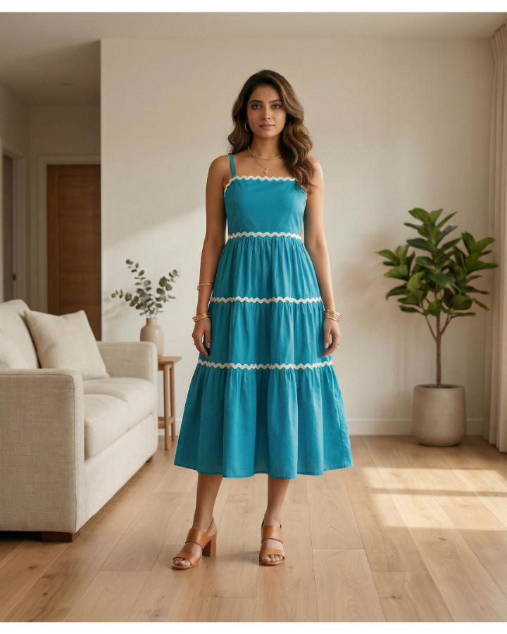 Teal Tide Ric-Rac Tiered Midi Dress