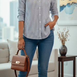 Women?s Blue & White Vertical Striped Cotton Shirt | Classic Collared Full Sleeve Button-Down Top