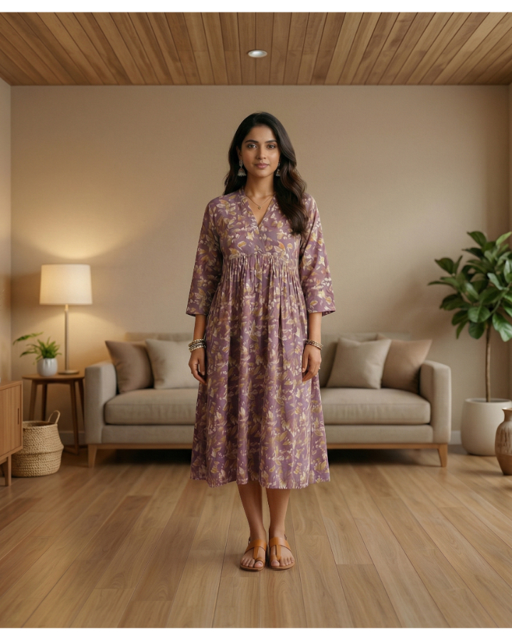 Women's Mauve Floral Print Gathered Midi Dress ? Relaxed Fit