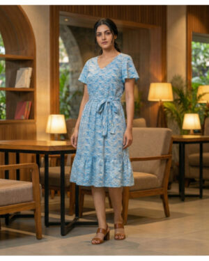 Elegant Blue Printed V-Neck Midi Dress with Waist Tie-Up Belt for Women