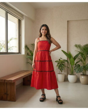 Crimson Ember Ric-Rac Tiered Midi Dress