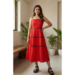 Crimson Ember Ric-Rac Tiered Midi Dress