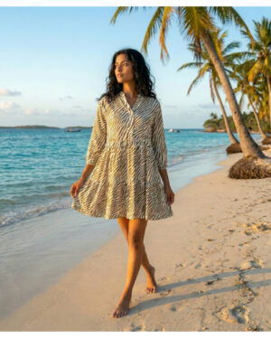 Zebra Print Beach Dress for Women | Relaxed Fit Tiered Mini Dress with 3/4 Sleeves