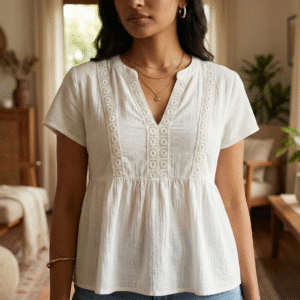 Elegant White Cotton Lace Detail Top for Women | Short Sleeve V-Neck Casual Tunic