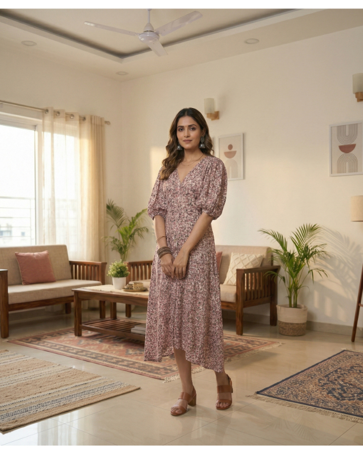 Bloom & Breeze: The Floral V-Neck Midi Dress