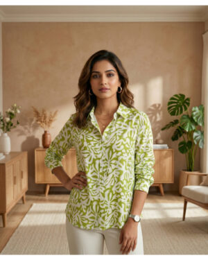 Women?s Green & White Abstract Printed Casual Shirt | Full Sleeve Button-Down Top