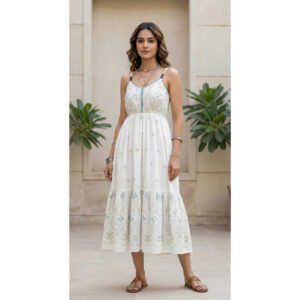 Women's Red Eyelet Embroidered Midi Dress ? V-Neck A-Line Cotton Kurti with Tie-Up Waist & 3/4 Sleeves ? Elegant Casual & Semi-Formal Summer Wear