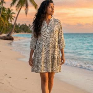 Zebra Print Beach Dress for Women | Relaxed Fit Tiered Mini Dress with 3/4 Sleeves