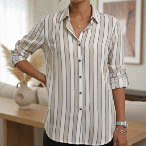 Women?s Beige & White Vertical Striped Cotton Shirt | Full Sleeve Button-Down Casual Formal Top