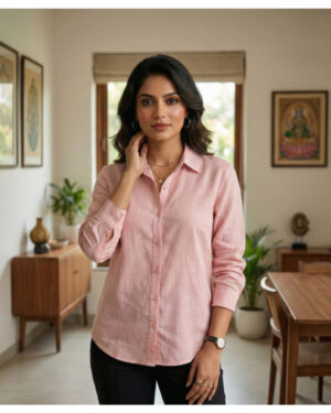 Elegant Women?s Solid Pink Cotton Shirt ? Full Sleeve Formal Casual Office Wear Top