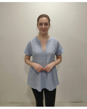 Elegant Sky Blue Embroidered V-Neck Tunic Top for Women | Short Sleeve Casual Summer Blouse