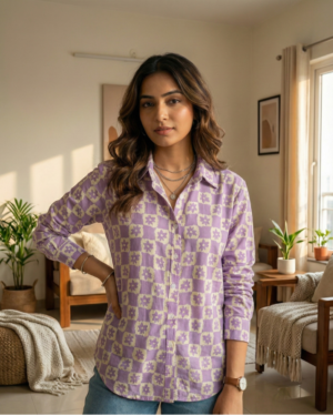 Women's Purple Floral Checkered Casual Shirt | Full Sleeve Button-Down Cotton Top for Women