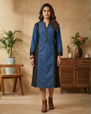 Womens Blue Denim Kurti with Printed Side Panels