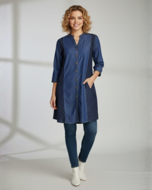 Womens Denim Panel Kurti with Printed Side Panels | Button-Down 3/4 Sleeve Casual Top