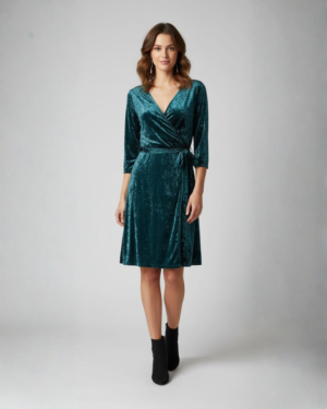 Elegant Teal Velvet Wrap Dress for Women | V-Neck 3/4 Sleeve Belted Knee-Length Dress