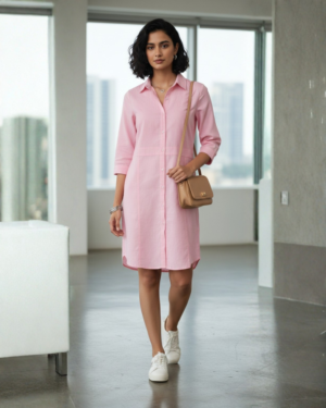 Elegant Pink Button-Down Shirt Dress for Women | Collared Long Sleeve Casual Tunic Dress