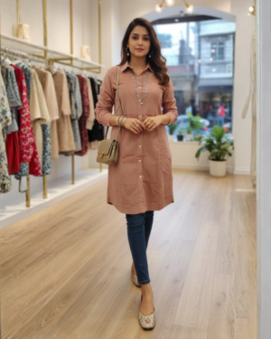 Elegant Dusty Rose Cotton Shirt Dress for Women | Long Sleeve Button-Down Knee-Length Dress