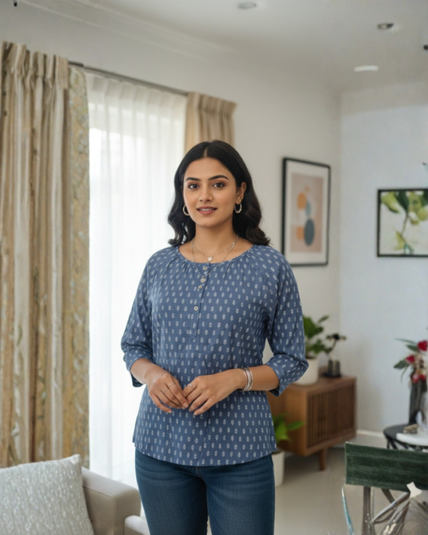 Elegant Blue Printed Cotton Top for Women | 3/4 Sleeve Casual & Office Wear Kurti Top