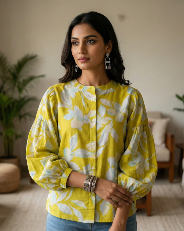 Womens Yellow Floral Printed Cotton Top with Puff Sleeves | Casual Button-Down Shirt