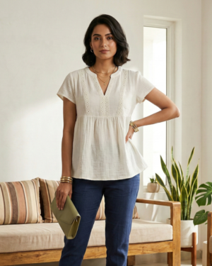 Elegant White Cotton Lace Detail Top for Women | Short Sleeve V-Neck Casual Tunic