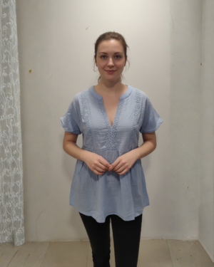 Elegant Sky Blue Embroidered V-Neck Tunic Top for Women | Short Sleeve Casual Summer Blouse
