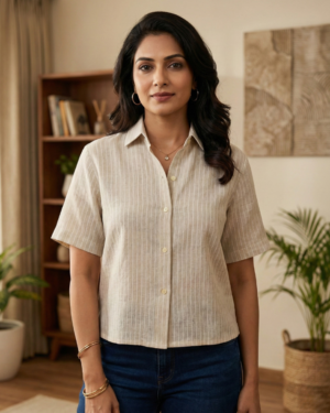 Elegant Beige Striped Cotton Short Sleeve Shirt for Women | Casual Button-Down Top