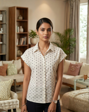 Elegant Cream Printed Cap Sleeve Shirt for Women | Casual Smart Office Wear Top