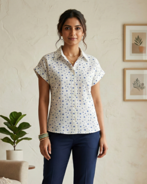 Women's White & Blue Star Printed Button-Down Shirt | Casual Short Sleeve Collared Top