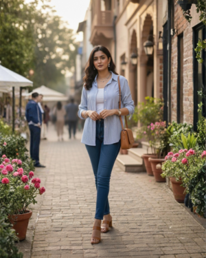 Women's Blue & White Vertical Striped Cotton Shirt | Classic Collared Full Sleeve Button-Down Top