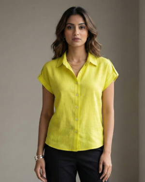 Lime Green Button-Down Short Sleeve Shirt for Women | Lightweight Collared Casual Top