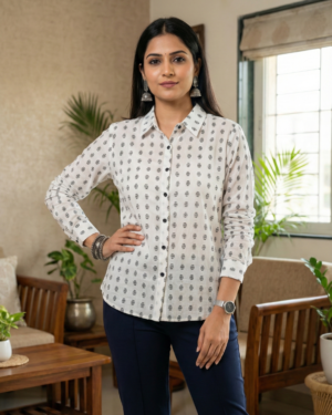 Women's White Printed Cotton Shirt | Full Sleeve Button-Down Casual Office Wear Top