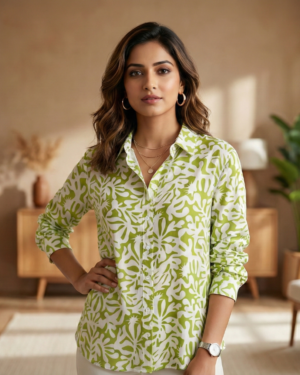 Women's Green & White Abstract Printed Casual Shirt | Full Sleeve Button-Down Top